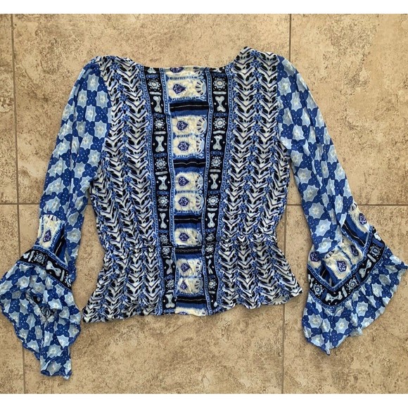 Free People Indigo Rosalie Wrap Top Blue Deep V Boho Ruffle Sleeve Size small - Picture 7 of 12